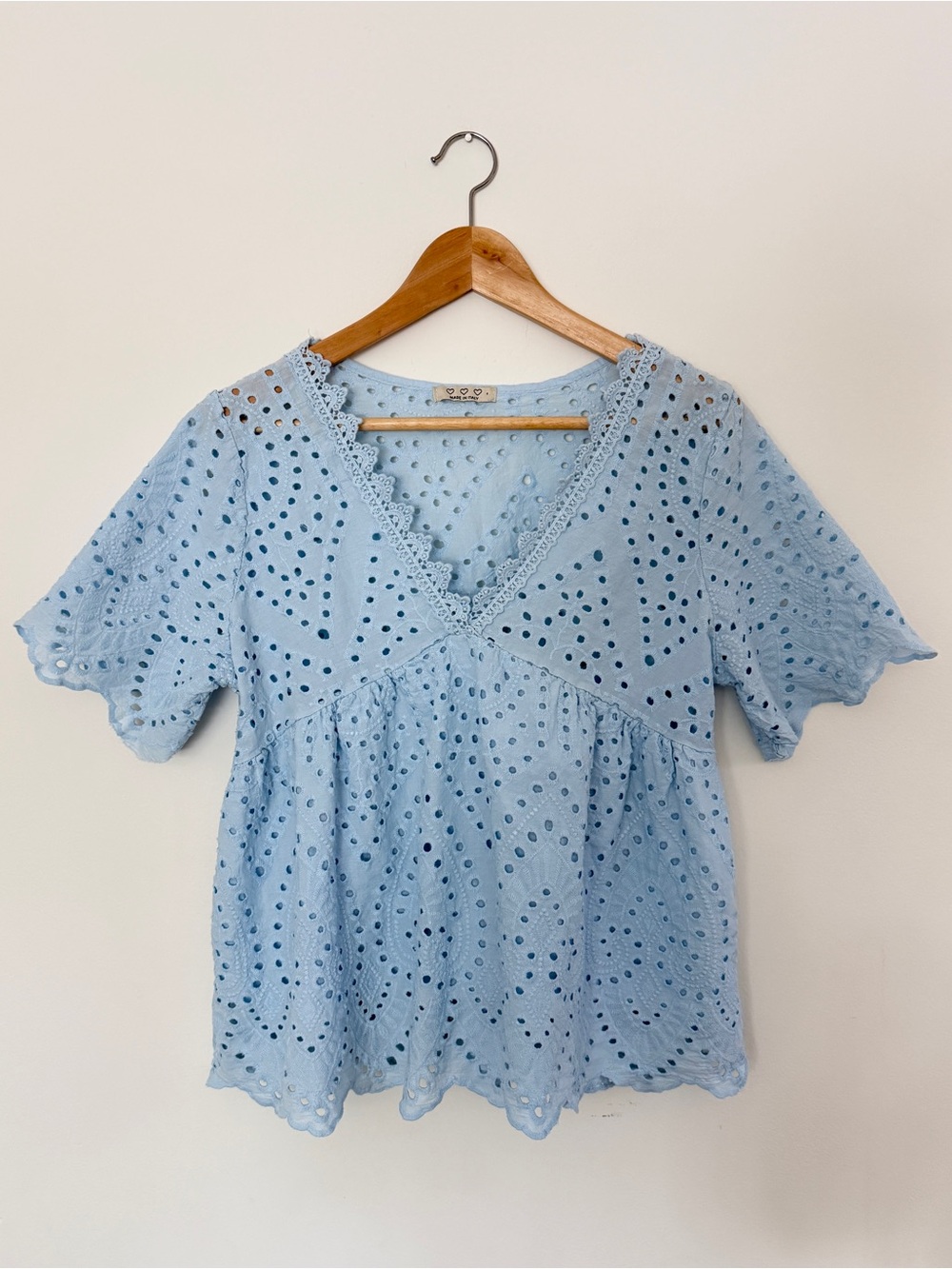 Three Hearts Made in Italy Light Blue Eyelet V-Neck Blouse